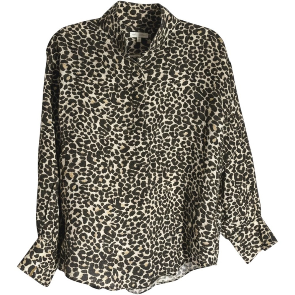 Ann Mashburn leopard linen popover top‎ blouse sz XS 100% linen